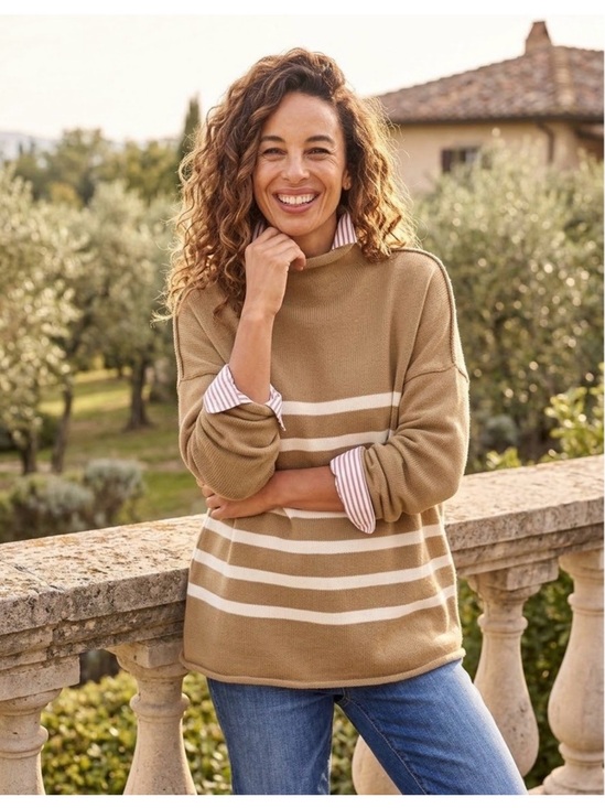 Frank & Eileen Sweaters - NEW Frank & Eileen Monterey Cotton Sweater in Camel Cream Stripe, Medium